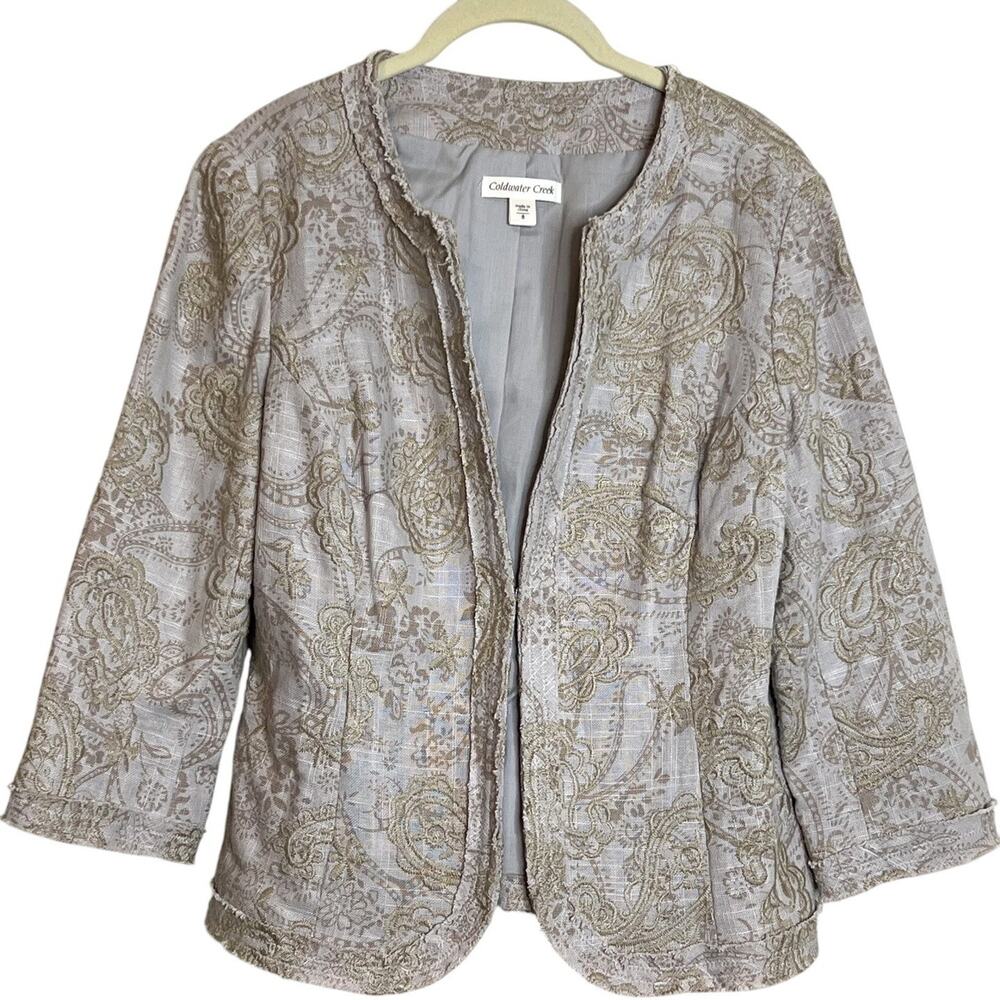 Coldwater Creek Paisley Embroidered Jacket Size 8 Beige Linen Cotton Lined